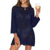 imageANRABESS Women 34 Sleeve Swimsuit Cover Up 2026 Summer Beach Vacation Clothes Crochet Knit Bathing Suit Swimwear Mini DressNavy Blue