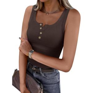 imageANRABESS Tank Tops for Women Summer Basic Ribbed Henley Slim Fitted Sleeveless Cami Shirts Button Up Workout Casual OutfitsCoffee
