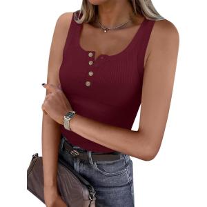imageANRABESS Tank Tops for Women Summer Basic Ribbed Henley Slim Fitted Sleeveless Cami Shirts Button Up Workout Casual OutfitsDeep Red