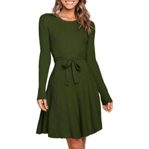 imageANRABESS Womens Long Sleeve Midi Dress Crewneck Tie Waist ALine Swing Casual Bodycon Ribbed Knit 2026 Fall Sweater DressArmy Green