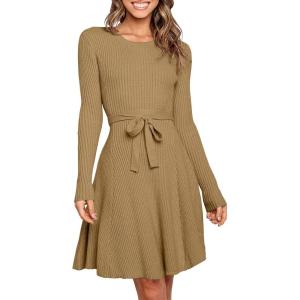 imageANRABESS Womens Long Sleeve Midi Dress Crewneck Tie Waist ALine Swing Casual Bodycon Ribbed Knit 2026 Fall Sweater DressBrown