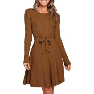 imageANRABESS Womens Long Sleeve Midi Dress Crewneck Tie Waist ALine Swing Casual Bodycon Ribbed Knit 2026 Fall Sweater DressCaramel