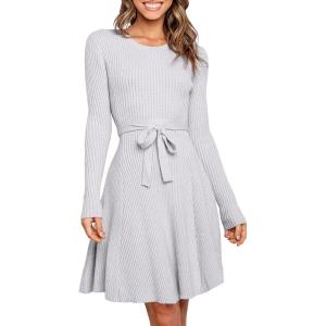 imageANRABESS Womens Long Sleeve Midi Dress Crewneck Tie Waist ALine Swing Casual Bodycon Ribbed Knit 2026 Fall Sweater DressLight Purple