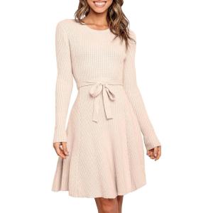 imageANRABESS Womens Long Sleeve Midi Dress Crewneck Tie Waist ALine Swing Casual Bodycon Ribbed Knit 2026 Fall Sweater DressPink