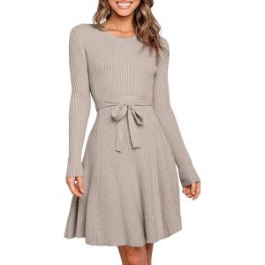 imageANRABESS Womens Long Sleeve Midi Dress Crewneck Tie Waist ALine Swing Casual Bodycon Ribbed Knit 2026 Fall Sweater DressRed Apricot