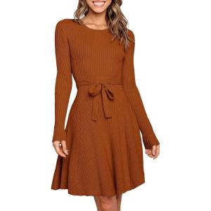 imageANRABESS Womens Long Sleeve Midi Dress Crewneck Tie Waist ALine Swing Casual Bodycon Ribbed Knit 2026 Fall Sweater DressRust