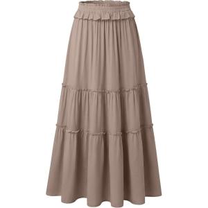 imageANRABESS Womens Maxi Skirt Flowy Swing Ruffle Tiered Elastic High Waist Long Skirts 2026 Summer Casual Beach Vacation ClothesLight Brown