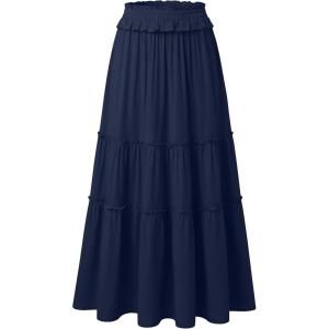 imageANRABESS Womens Maxi Skirt Flowy Swing Ruffle Tiered Elastic High Waist Long Skirts 2026 Summer Casual Beach Vacation ClothesNavy Blue