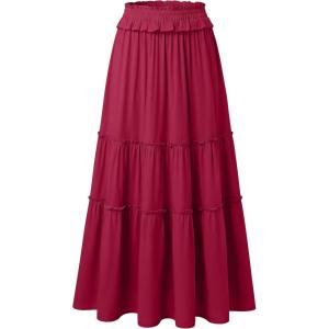 imageANRABESS Womens Maxi Skirt Flowy Swing Ruffle Tiered Elastic High Waist Long Skirts 2026 Summer Casual Beach Vacation ClothesRed