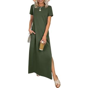 imageANRABESS Womens Summer Casual Maxi Dress Short Sleeve Crewneck Split WrinkleFree Travel Long Sundress Beach Vacation ClothesArmy Green