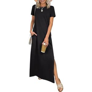 imageANRABESS Womens Summer Casual Maxi Dress Short Sleeve Crewneck Split WrinkleFree Travel Long Sundress Beach Vacation ClothesBlack