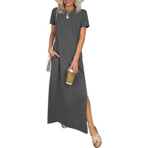 imageANRABESS Womens Summer Casual Maxi Dress Short Sleeve Crewneck Split WrinkleFree Travel Long Sundress Beach Vacation ClothesDeep Grey