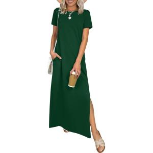 imageANRABESS Womens Summer Casual Maxi Dress Short Sleeve Crewneck Split WrinkleFree Travel Long Sundress Beach Vacation ClothesForest Green