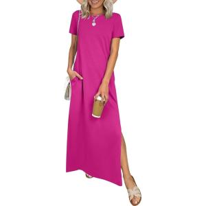 imageANRABESS Womens Summer Casual Maxi Dress Short Sleeve Crewneck Split WrinkleFree Travel Long Sundress Beach Vacation ClothesHot Pink