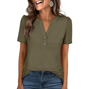 imageANRABESS Womens Tops Business Casual 2026 Spring Short Sleeve Henley V Neck Shirts Dressy Work Blouse Summer Trendy ClothingArmy Green