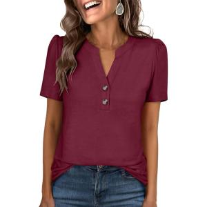 imageANRABESS Womens Tops Business Casual 2026 Spring Short Sleeve Henley V Neck Shirts Dressy Work Blouse Summer Trendy ClothingBurgundy