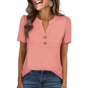 imageANRABESS Womens Tops Business Casual 2026 Spring Short Sleeve Henley V Neck Shirts Dressy Work Blouse Summer Trendy ClothingCoral Pink