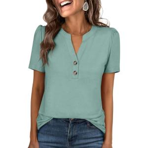 imageANRABESS Womens Tops Business Casual 2026 Spring Short Sleeve Henley V Neck Shirts Dressy Work Blouse Summer Trendy ClothingSage Green