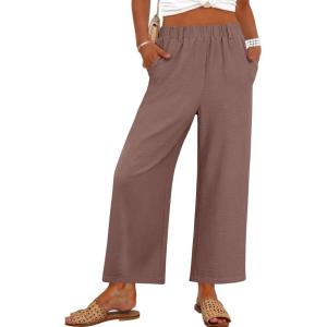 imageANRABESS Womens Wide Leg Pants Summer Lounge Elastic Waist Palazzo Pants Lightweight Beach Vacation Trousers with PocketsBrown