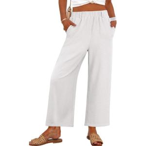 imageANRABESS Womens Wide Leg Pants Summer Lounge Elastic Waist Palazzo Pants Lightweight Beach Vacation Trousers with PocketsWhite