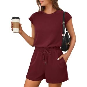 imageANRABESS Rompers for Women Summer 2026 Casual Cap Sleeve Crewneck Drawstring One Piece Jumpsuit Outfits with PocketsBurgundy