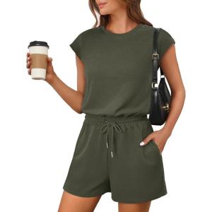 imageANRABESS Rompers for Women Summer 2026 Casual Cap Sleeve Crewneck Drawstring One Piece Jumpsuit Outfits with PocketsDark Green
