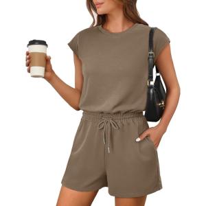 imageANRABESS Rompers for Women Summer 2026 Casual Cap Sleeve Crewneck Drawstring One Piece Jumpsuit Outfits with PocketsKhaiki