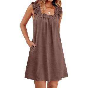 imageANRABESS Summer Dress for Women 2026 Casual Sleeveless Square Neck Ruffle Strap Beach Vacation Sundress with PocketsCoffee