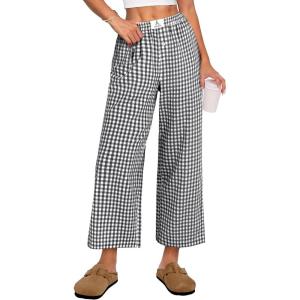 imageANRABESS Women Striped Gingham Palazzo Cropped Pants Wide Leg Pajama Lounge Pants Plaid PJ Bottoms Cute Trousers with PocketsBlack White Plaid