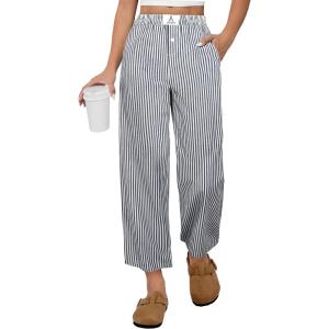 imageANRABESS Women Striped Gingham Palazzo Cropped Pants Wide Leg Pajama Lounge Pants Plaid PJ Bottoms Cute Trousers with PocketsBlack White Stripe