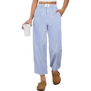 imageANRABESS Women Striped Gingham Palazzo Cropped Pants Wide Leg Pajama Lounge Pants Plaid PJ Bottoms Cute Trousers with PocketsBlue White Stripe