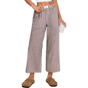 imageANRABESS Women Striped Gingham Palazzo Cropped Pants Wide Leg Pajama Lounge Pants Plaid PJ Bottoms Cute Trousers with PocketsBrown White Plaid