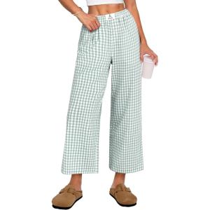 imageANRABESS Women Striped Gingham Palazzo Cropped Pants Wide Leg Pajama Lounge Pants Plaid PJ Bottoms Cute Trousers with PocketsGreen White Plaid