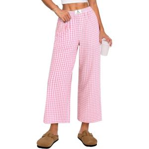 imageANRABESS Women Striped Gingham Palazzo Cropped Pants Wide Leg Pajama Lounge Pants Plaid PJ Bottoms Cute Trousers with PocketsPink White Plaid