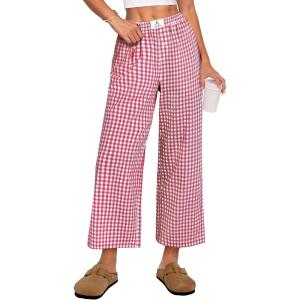 imageANRABESS Women Striped Gingham Palazzo Cropped Pants Wide Leg Pajama Lounge Pants Plaid PJ Bottoms Cute Trousers with PocketsRed White Plaid