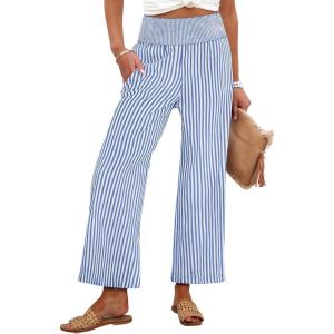 imageANRABESS Women Striped Gingham Wide Leg Palazzo Pants Casual Lounge Cropped PJ Bottoms Comfy Cute Plaid Pants with PocketsBlue White Stripe