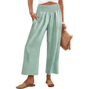 imageANRABESS Women Striped Gingham Wide Leg Palazzo Pants Casual Lounge Cropped PJ Bottoms Comfy Cute Plaid Pants with PocketsGreen White Plaid