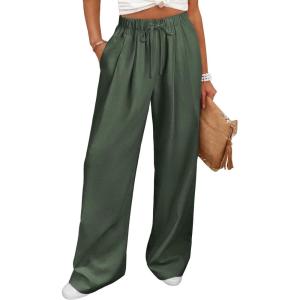 imageANRABESS Women Wide Leg Linen Palazzo Pants Casual Elastic Waist Drawstring Flowy Loose Beach Travel Trousers with PocketsArmy Green