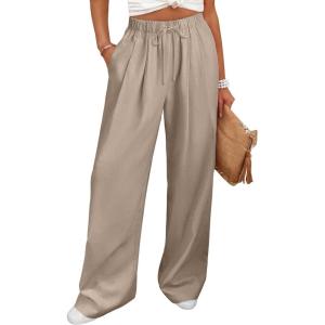 imageANRABESS Women Wide Leg Linen Palazzo Pants Casual Elastic Waist Drawstring Flowy Loose Beach Travel Trousers with PocketsBeige