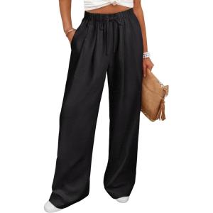 imageANRABESS Women Wide Leg Linen Palazzo Pants Casual Elastic Waist Drawstring Flowy Loose Beach Travel Trousers with PocketsBlack