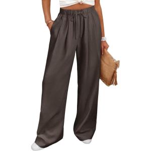 imageANRABESS Women Wide Leg Linen Palazzo Pants Casual Elastic Waist Drawstring Flowy Loose Beach Travel Trousers with PocketsBrown