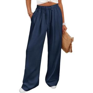imageANRABESS Women Wide Leg Linen Palazzo Pants Casual Elastic Waist Drawstring Flowy Loose Beach Travel Trousers with PocketsNavy Blue