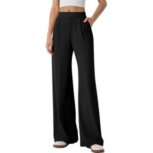 imageANRABESS Womens Pants Wide Leg Waffle Knit Casual Stretchy Slacks Work Dress Pant Business Palazzo Trousers Spring Outfits Black Medium