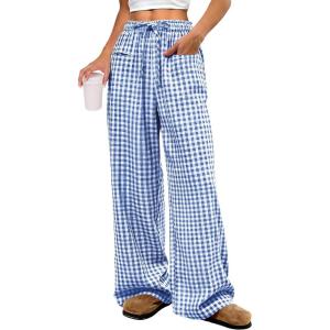 imageANRABESS Womens Striped Gingham Pants 2026 Pajama Drawstring Wide Leg Lounge Plaid Pants Cute Casual Trousers with PocketsBlue White Plaid