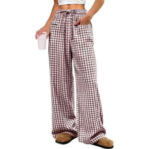 imageANRABESS Womens Striped Gingham Pants 2026 Pajama Drawstring Wide Leg Lounge Plaid Pants Cute Casual Trousers with PocketsBrown White Plaid