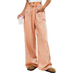 imageANRABESS Womens Striped Gingham Pants 2026 Pajama Drawstring Wide Leg Lounge Plaid Pants Cute Casual Trousers with PocketsOrange White Plaid