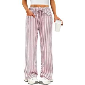 imageANRABESS Womens Striped Gingham Pants 2026 Pajama Drawstring Wide Leg Lounge Plaid Pants Cute Casual Trousers with PocketsRed White Stripe