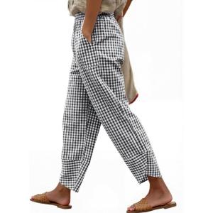 imageANRABESS Womens Striped Gingham Pants Summer Lounge Cute PJ Bottom Plaid Pants Casual Wide Leg Beach Trouser with PocketsBlack White Plaid