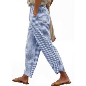 imageANRABESS Womens Striped Gingham Pants Summer Lounge Cute PJ Bottom Plaid Pants Casual Wide Leg Beach Trouser with PocketsBlue White Plaid