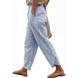 imageANRABESS Womens Striped Gingham Pants Summer Lounge Cute PJ Bottom Plaid Pants Casual Wide Leg Beach Trouser with PocketsBlue White Stripe